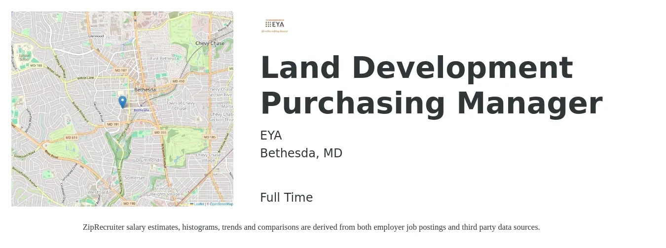 EYA job posting for a Land Development Purchasing Manager in Bethesda, MD with a salary of $69,400 to $106,700 Yearly with a map of Bethesda location.