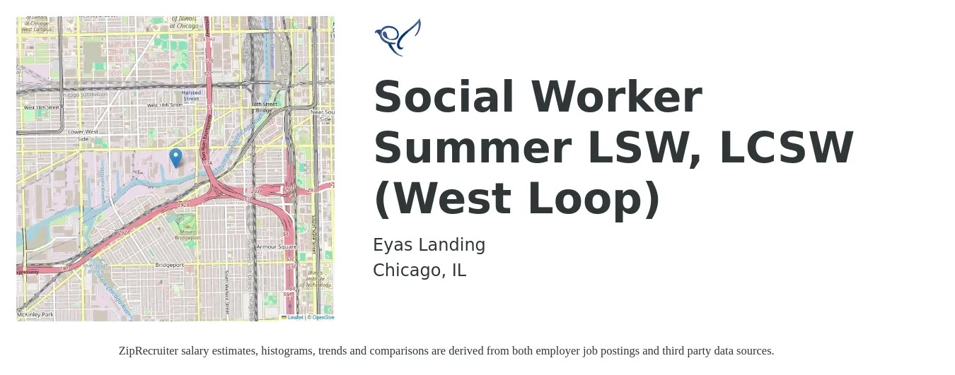 Eyas Landing job posting for a Social Worker Summer LSW, LCSW (West Loop) in Chicago, IL with a salary of $60,800 to $94,200 Yearly with a map of Chicago location.