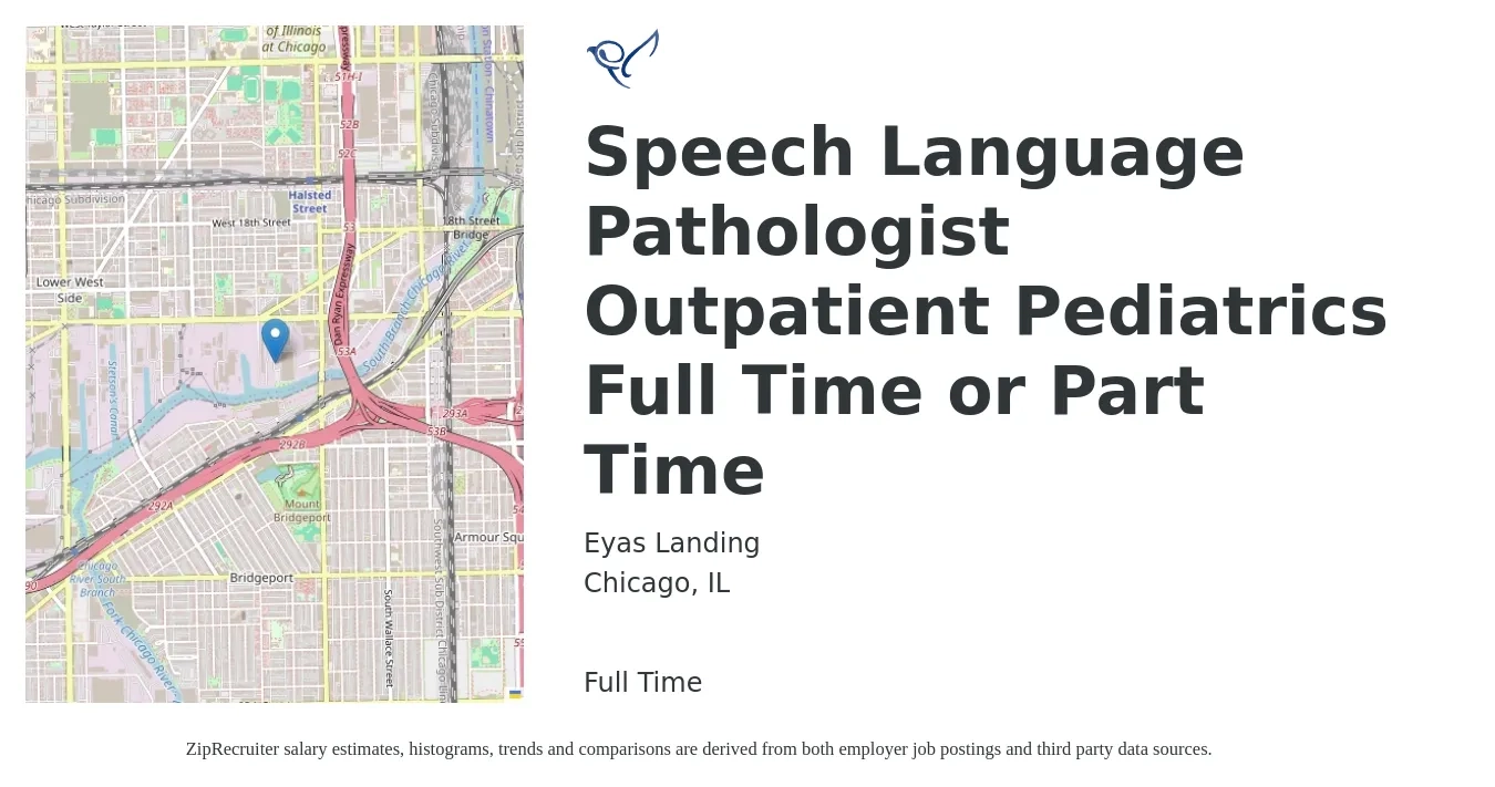 Eyas Landing job posting for a Speech Language Pathologist Outpatient Pediatrics Full Time or Part Time in Chicago, IL with a salary of $38 to $55 Hourly with a map of Chicago location.