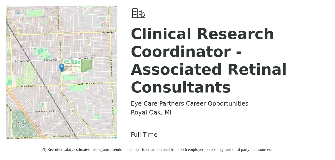 Eye Care Partners Career Opportunities job posting for a Clinical Research Coordinator - Associated Retinal Consultants in Royal Oak, MI with a salary of $23 to $30 Hourly with a map of Royal Oak location.