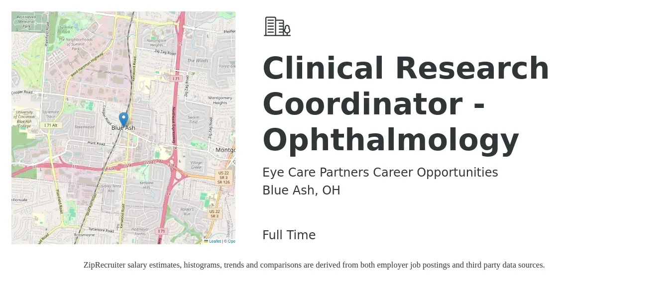 Eye Care Partners Career Opportunities job posting for a Clinical Research Coordinator - Ophthalmology in Blue Ash, OH with a map of Blue Ash location.