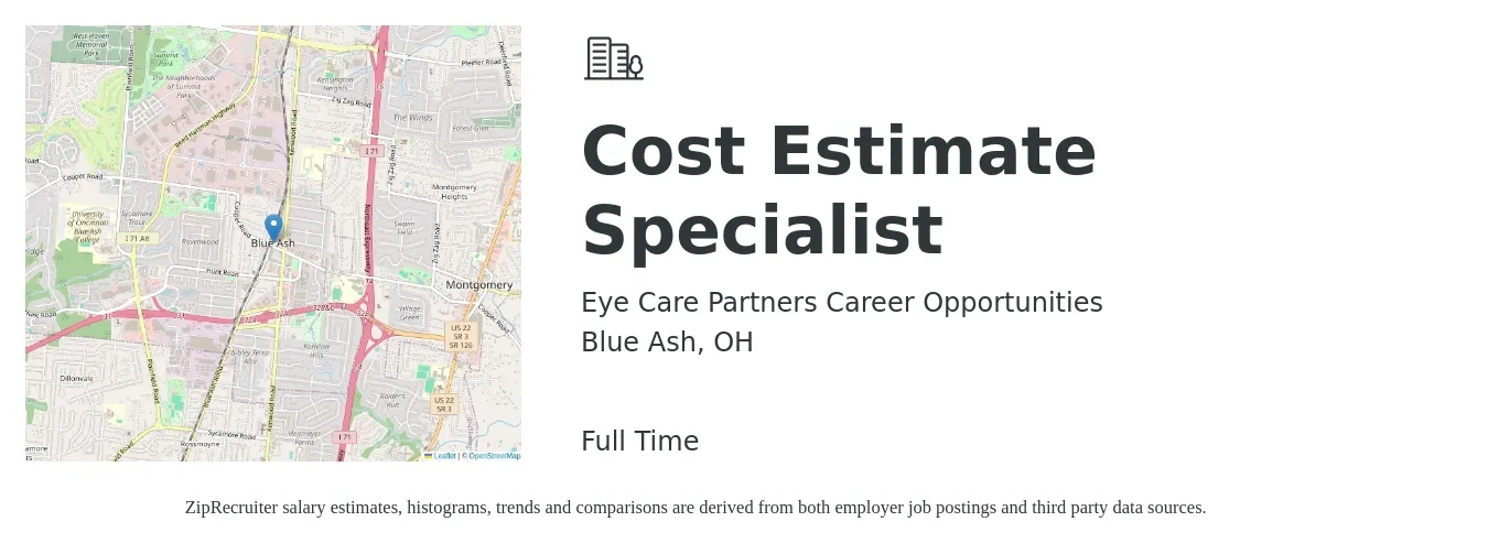 Eye Care Partners Career Opportunities job posting for a Cost Estimate Specialist in Blue Ash, OH with a salary of $21 to $44 Hourly with a map of Blue Ash location.