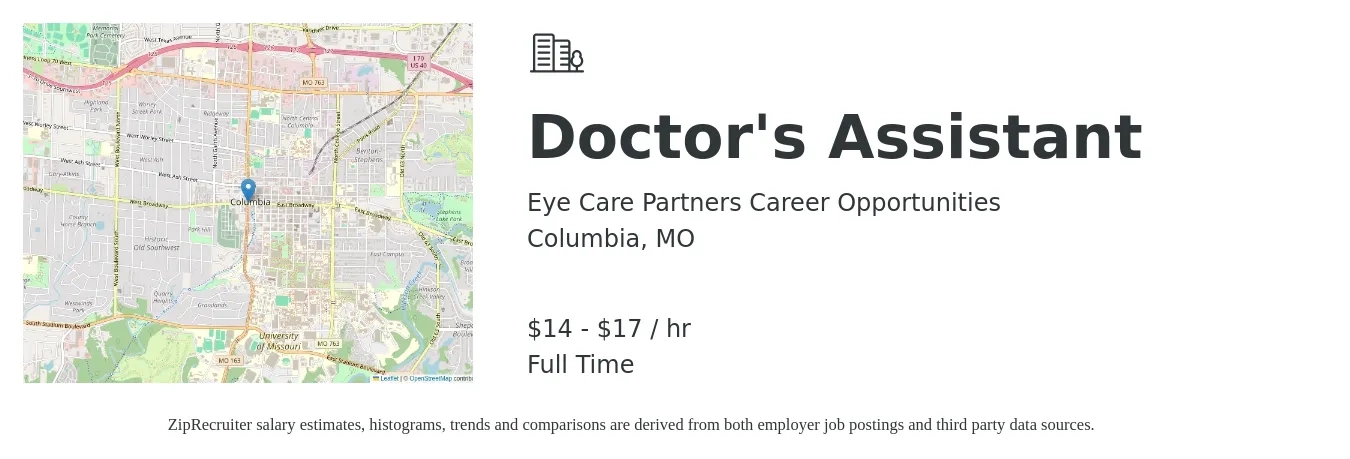 Eye Care Partners Career Opportunities job posting for a Doctor's Assistant in Columbia, MO with a salary of $15 to $18 Hourly with a map of Columbia location.