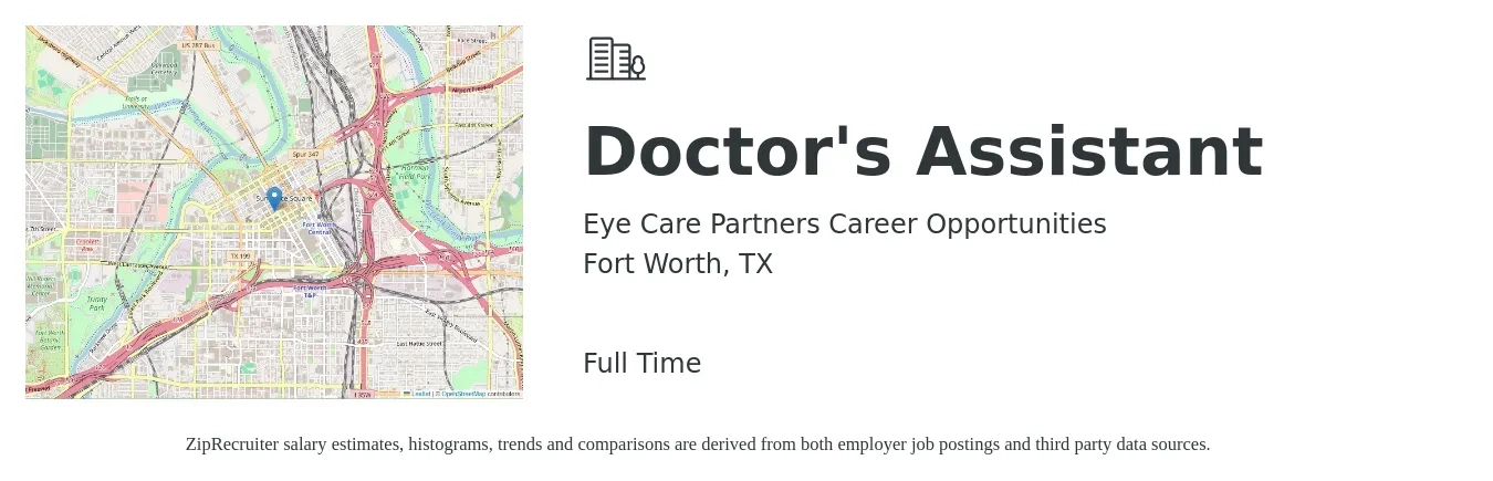 Eye Care Partners Career Opportunities job posting for a Doctor's Assistant in Fort Worth, TX with a salary of $95,800 to $129,900 Yearly with a map of Fort Worth location.