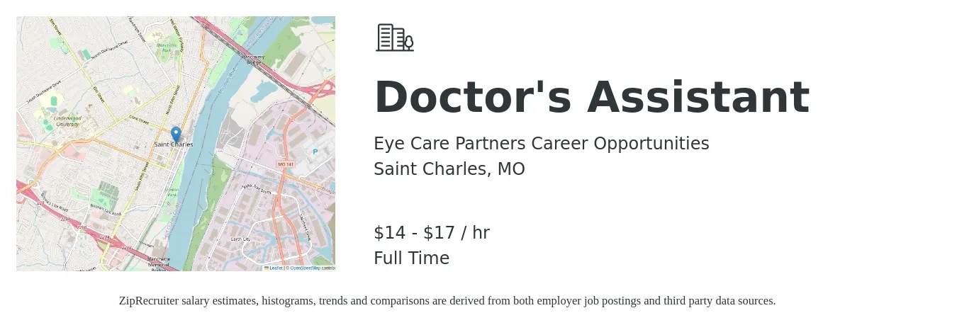Eye Care Partners Career Opportunities job posting for a Doctor's Assistant in Saint Charles, MO with a salary of $15 to $18 Hourly with a map of Saint Charles location.