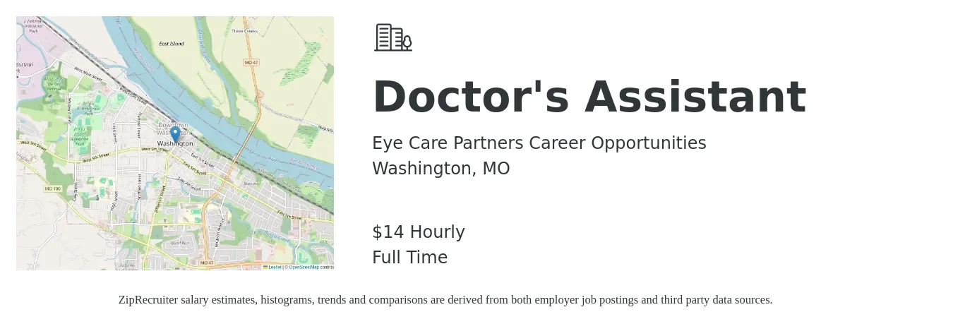 Eye Care Partners Career Opportunities job posting for a Doctor's Assistant in Washington, MO with a salary of $15 Hourly with a map of Washington location.