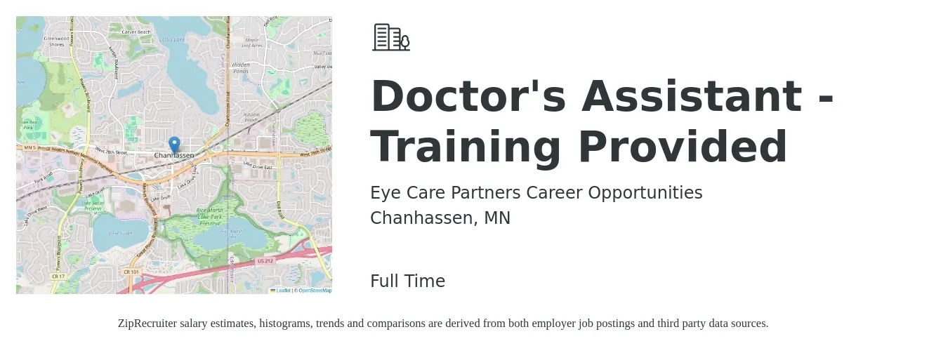 Eye Care Partners Career Opportunities job posting for a Doctor's Assistant - Training Provided in Chanhassen, MN with a salary of $15 to $20 Hourly with a map of Chanhassen location.