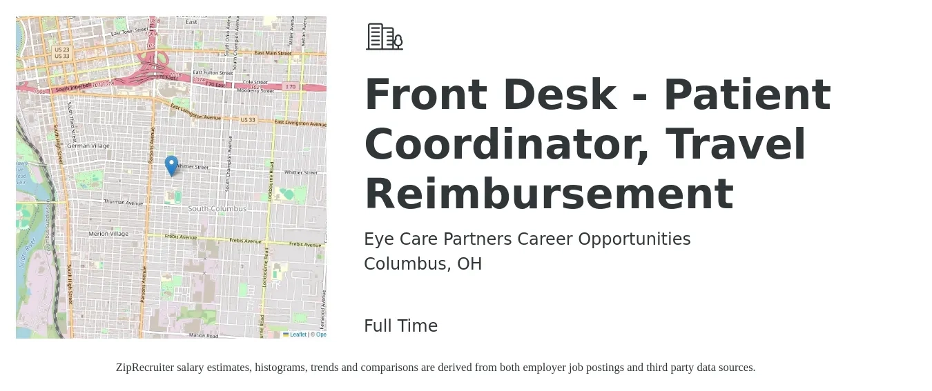 Eye Care Partners Career Opportunities job posting for a Front Desk - Patient Coordinator, Travel Reimbursement in Columbus, OH with a salary of $16 to $21 Hourly with a map of Columbus location.