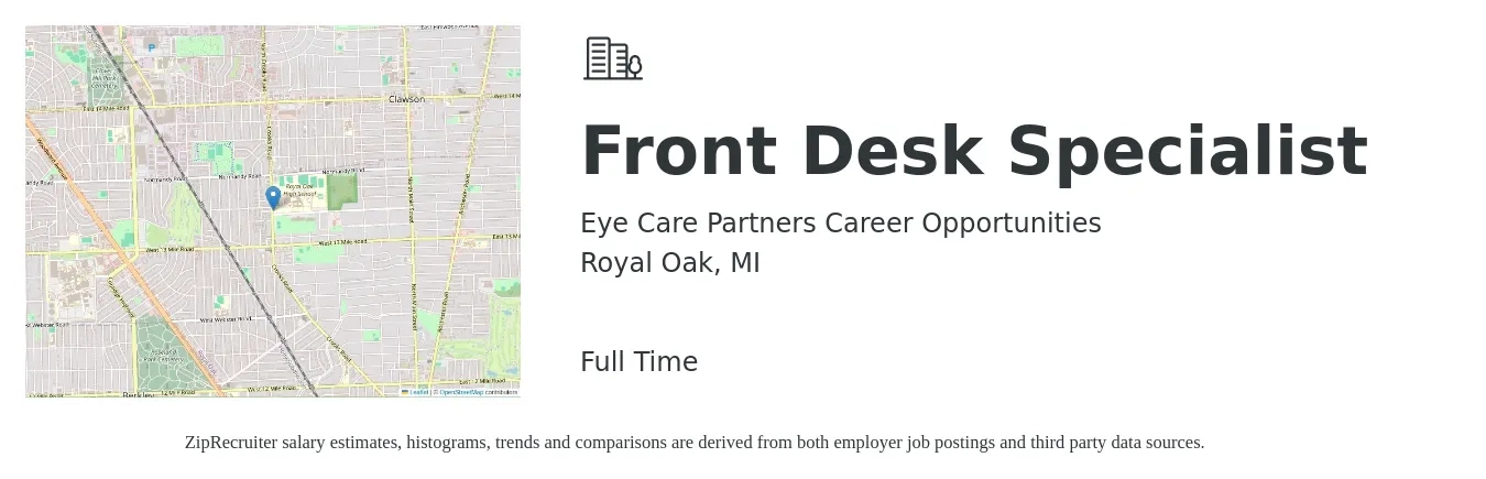 Eye Care Partners Career Opportunities job posting for a Front Desk Specialist in Royal Oak, MI with a salary of $15 to $19 Hourly with a map of Royal Oak location.
