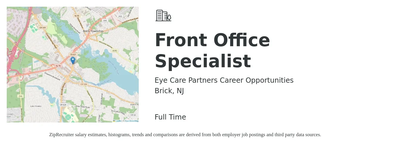 Eye Care Partners Career Opportunities job posting for a Front Office Specialist in Brick, NJ with a salary of $16 to $21 Hourly with a map of Brick location.