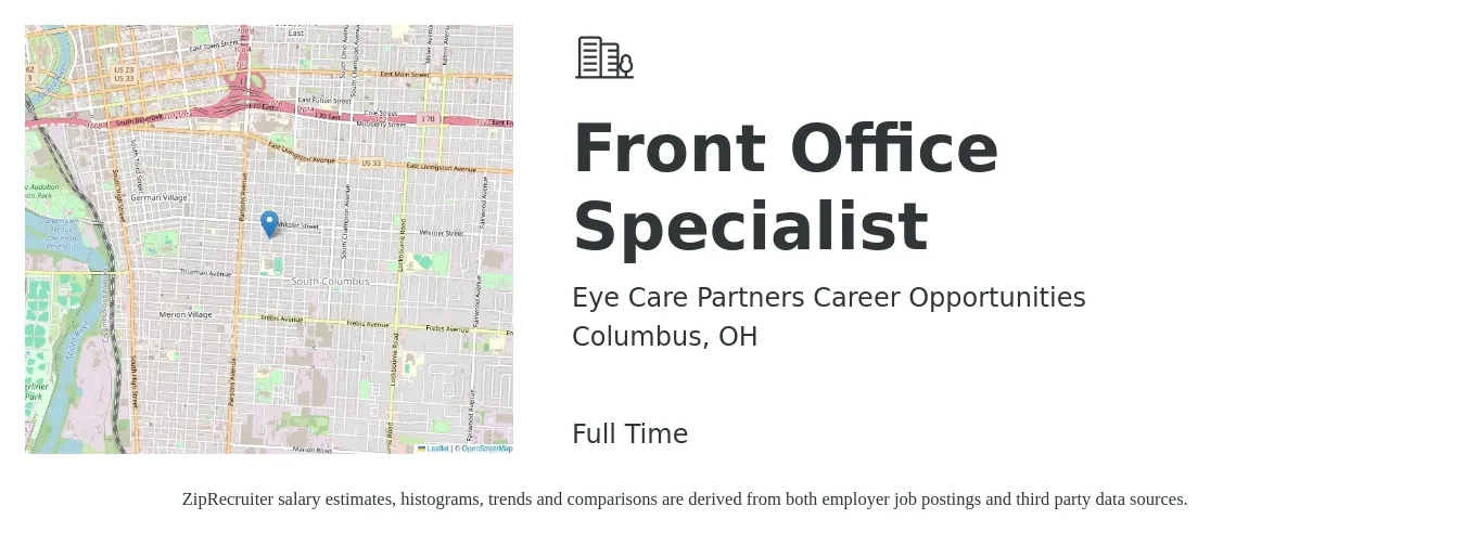 Eye Care Partners Career Opportunities job posting for a Front Office Specialist in Columbus, OH with a salary of $15 to $18 Hourly with a map of Columbus location.