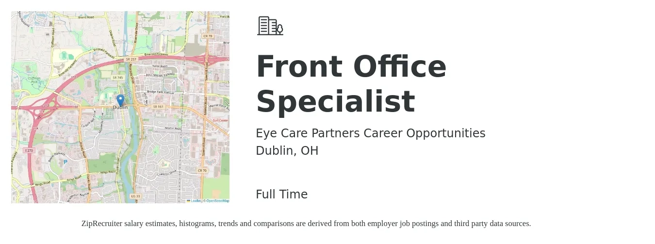 Eye Care Partners Career Opportunities job posting for a Front Office Specialist in Dublin, OH with a salary of $15 to $18 Hourly with a map of Dublin location.