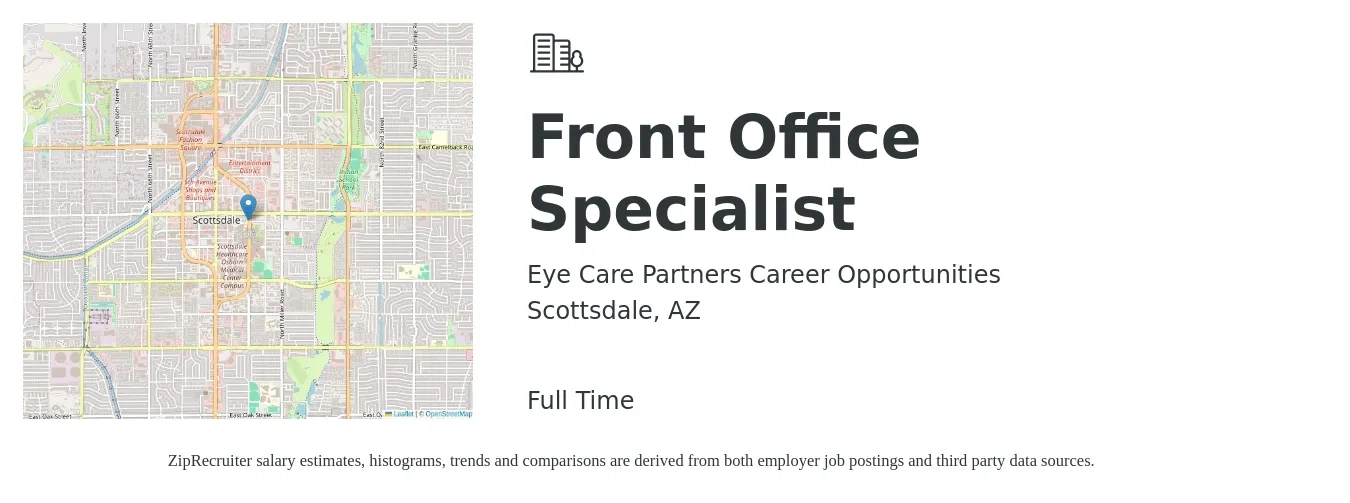 Eye Care Partners Career Opportunities job posting for a Front Office Specialist in Scottsdale, AZ with a salary of $15 to $20 Hourly with a map of Scottsdale location.