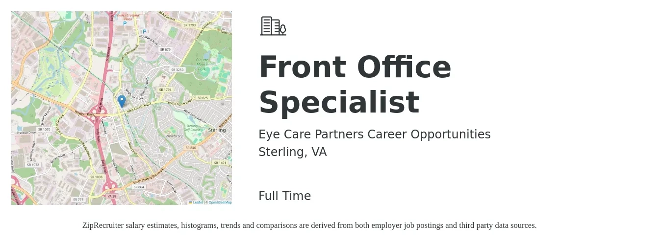 Eye Care Partners Career Opportunities job posting for a Front Office Specialist in Sterling, VA with a salary of $15 to $19 Hourly with a map of Sterling location.