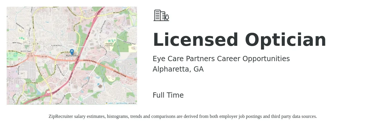 Eye Care Partners Career Opportunities job posting for a Licensed Optician in Alpharetta, GA with a salary of $20 to $29 Hourly with a map of Alpharetta location.