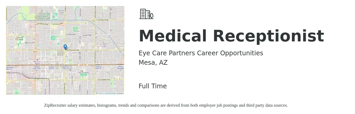 Eye Care Partners Career Opportunities job posting for a Medical Receptionist in Mesa, AZ with a salary of $16 to $20 Hourly with a map of Mesa location.