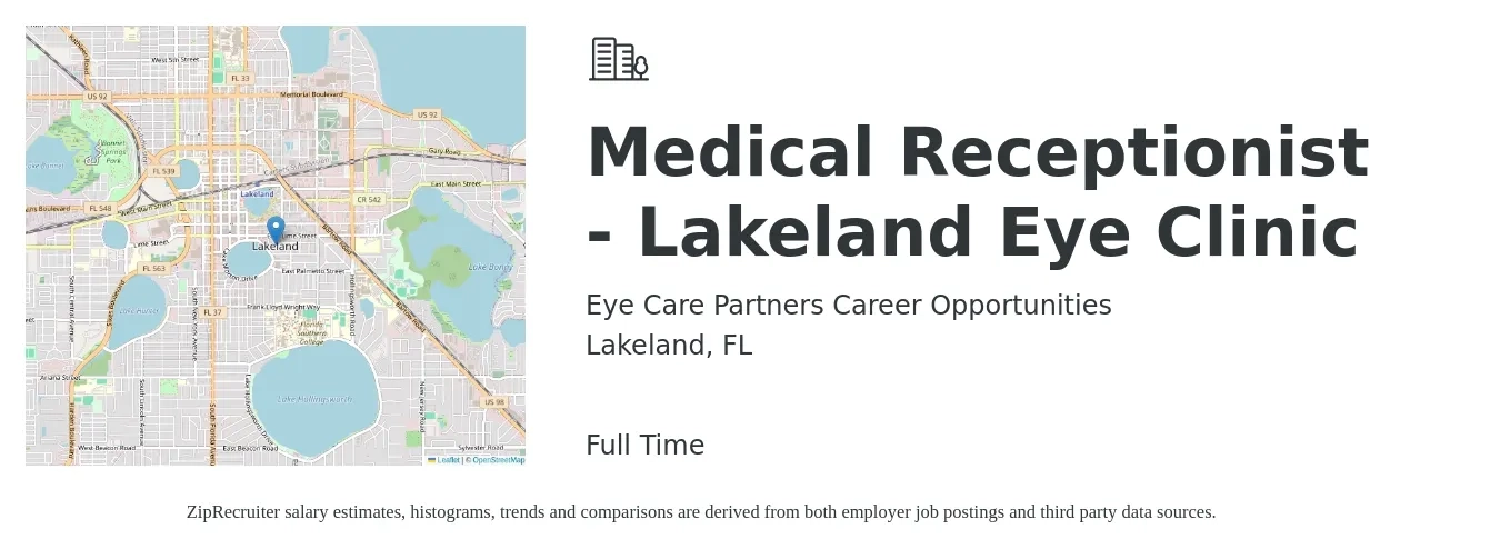Eye Care Partners Career Opportunities job posting for a Medical Receptionist - Lakeland Eye Clinic in Lakeland, FL with a salary of $16 to $19 Hourly with a map of Lakeland location.