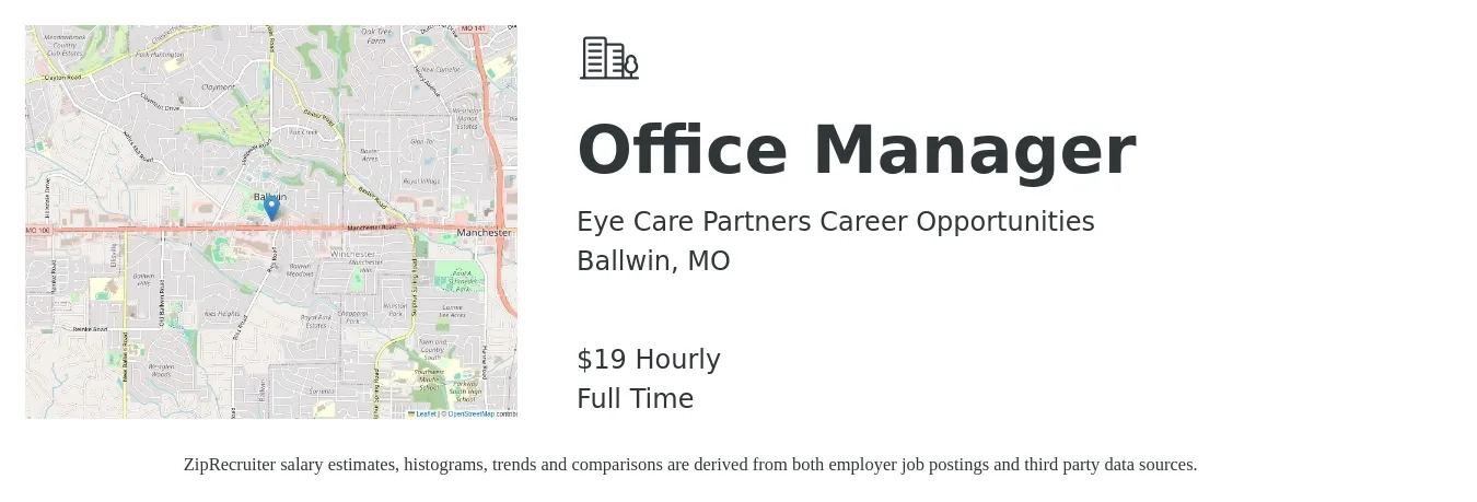 Eye Care Partners Career Opportunities job posting for a Office Manager in Ballwin, MO with a salary of $20 Hourly with a map of Ballwin location.