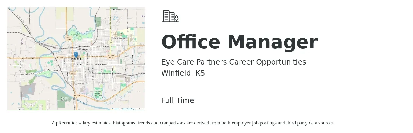 Eye Care Partners Career Opportunities job posting for a Office Manager in Winfield, KS with a salary of $32,800 to $48,300 Yearly with a map of Winfield location.