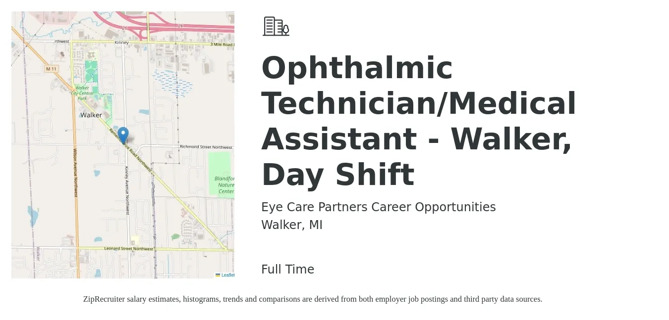Eye Care Partners Career Opportunities job posting for a Ophthalmic Technician/Medical Assistant - Walker, Day Shift in Walker, MI with a salary of $18 to $24 Hourly with a map of Walker location.