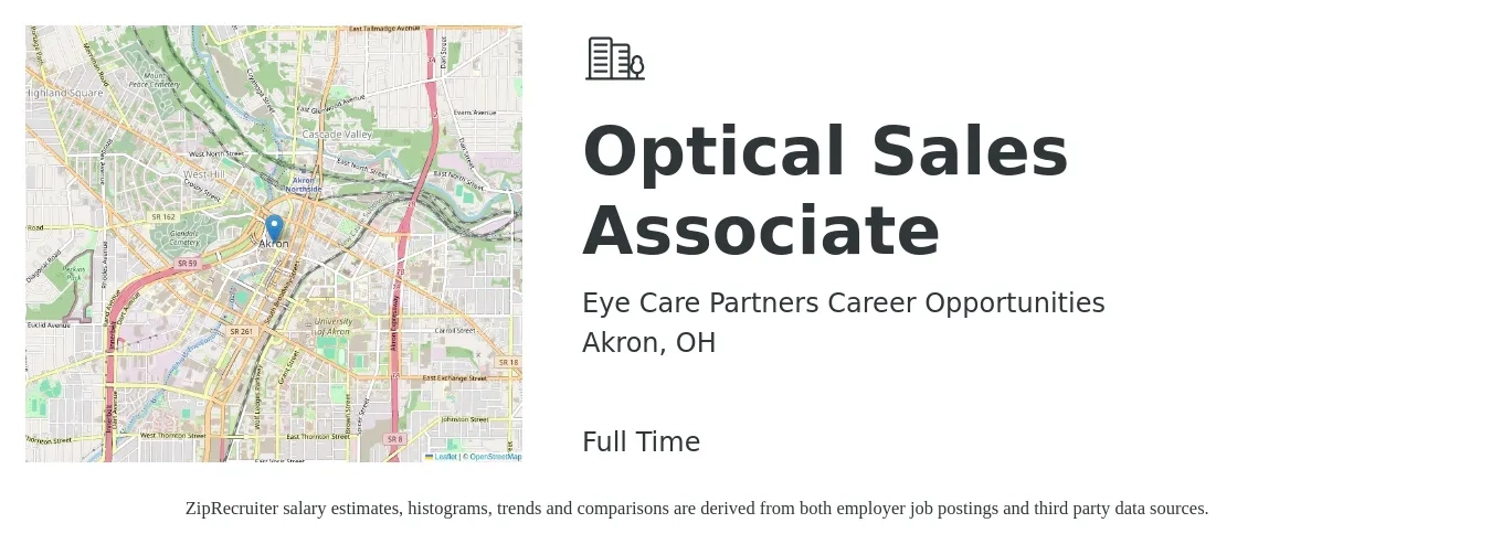 Eye Care Partners Career Opportunities job posting for a Optical Sales Associate in Akron, OH with a salary of $15 to $19 Hourly with a map of Akron location.