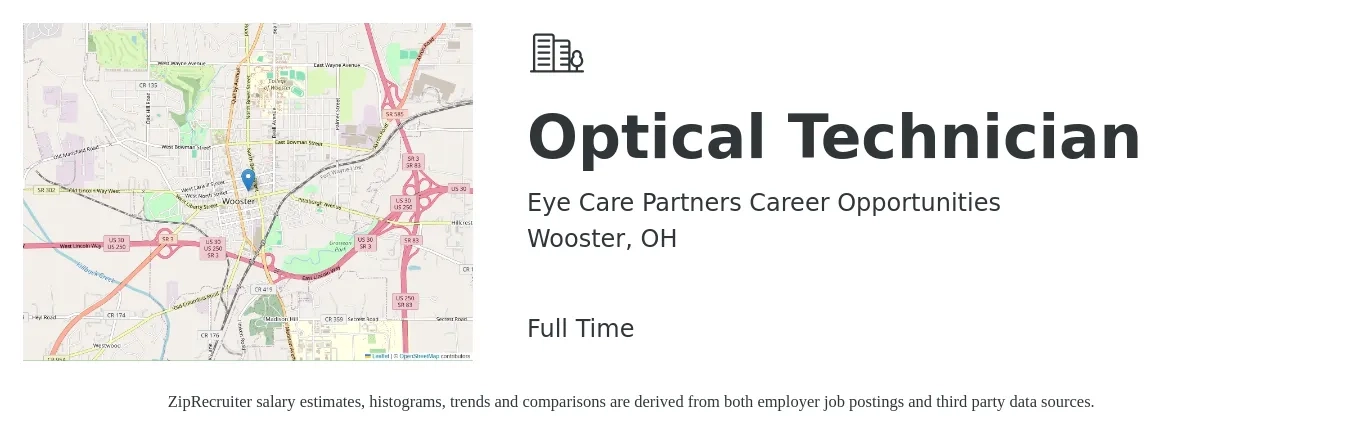 Eye Care Partners Career Opportunities job posting for a Optical Technician in Wooster, OH with a salary of $15 to $21 Hourly with a map of Wooster location.