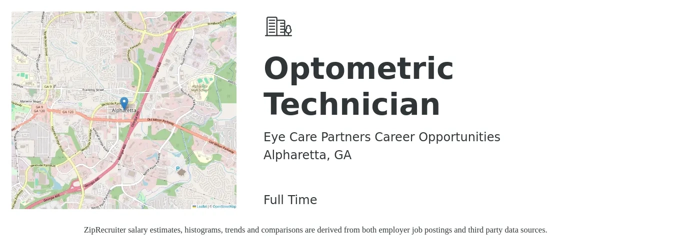 Eye Care Partners Career Opportunities job posting for a Optometric Technician in Alpharetta, GA with a salary of $16 to $20 Hourly with a map of Alpharetta location.