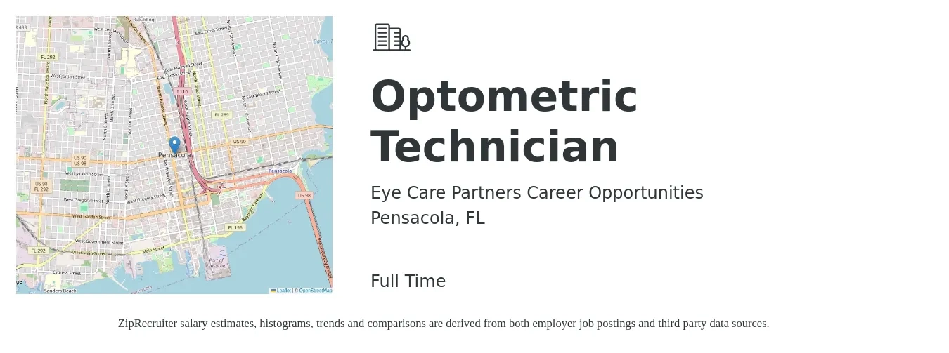 Eye Care Partners Career Opportunities job posting for a Optometric Technician in Pensacola, FL with a salary of $15 to $19 Hourly with a map of Pensacola location.