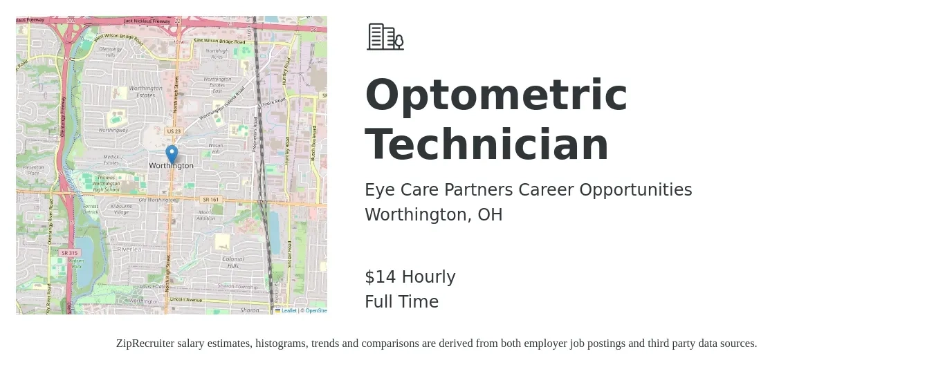 Eye Care Partners Career Opportunities job posting for a Optometric Technician in Worthington, OH with a salary of $16 Hourly with a map of Worthington location.