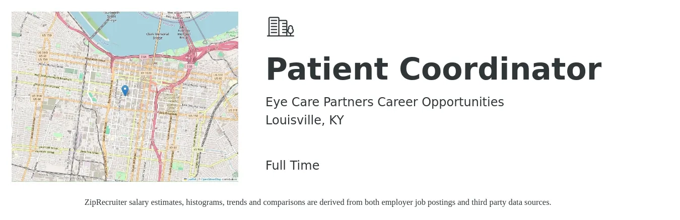 Eye Care Partners Career Opportunities job posting for a Patient Coordinator in Louisville, KY with a salary of $16 to $22 Hourly with a map of Louisville location.
