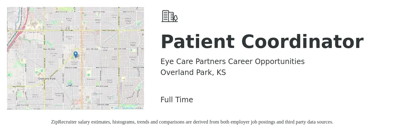 Eye Care Partners Career Opportunities job posting for a Patient Coordinator in Overland Park, KS with a salary of $17 to $22 Hourly with a map of Overland Park location.
