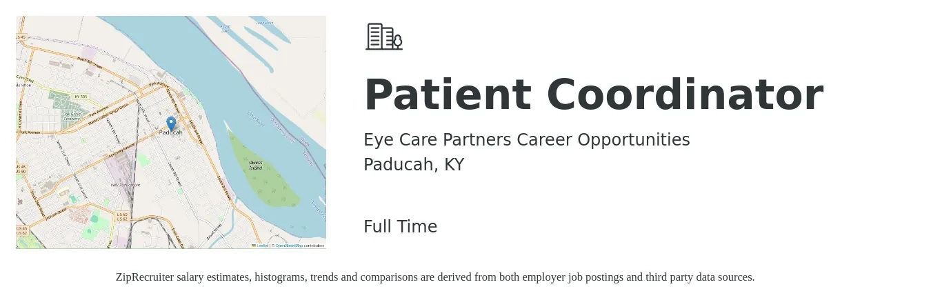 Eye Care Partners Career Opportunities job posting for a Patient Coordinator in Paducah, KY with a salary of $17 to $22 Hourly with a map of Paducah location.