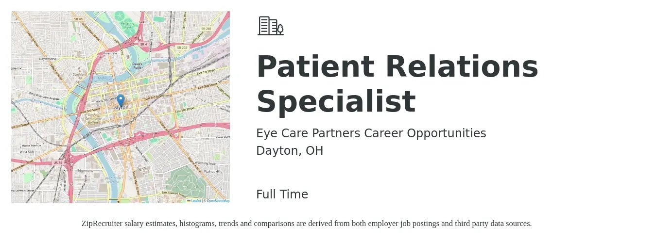 Eye Care Partners Career Opportunities job posting for a Patient Relations Specialist in Dayton, OH with a salary of $18 to $31 Hourly with a map of Dayton location.