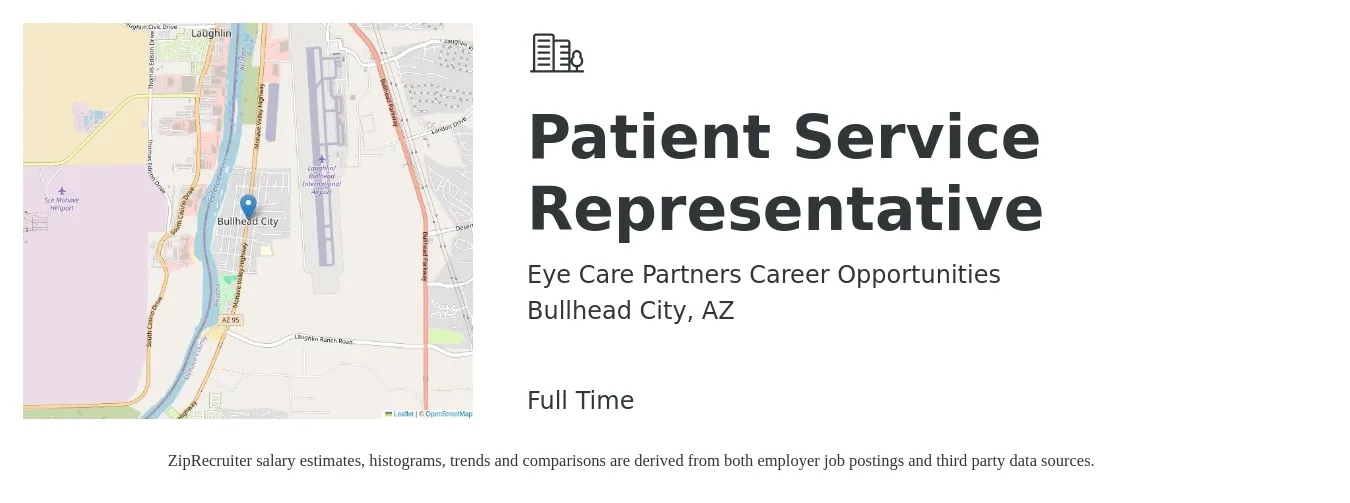 Eye Care Partners Career Opportunities job posting for a Patient Service Representative in Bullhead City, AZ with a salary of $16 to $20 Hourly with a map of Bullhead City location.