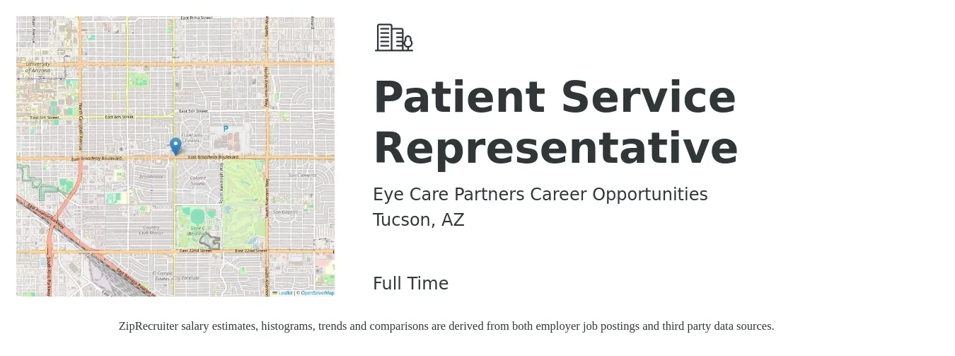 Eye Care Partners Career Opportunities job posting for a Patient Service Representative in Tucson, AZ with a salary of $15 Hourly with a map of Tucson location.