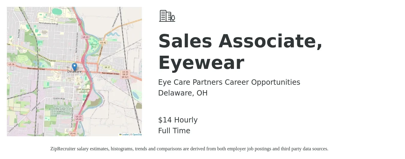 Eye Care Partners Career Opportunities job posting for a Sales Associate, Eyewear in Delaware, OH with a salary of $16 Hourly with a map of Delaware location.