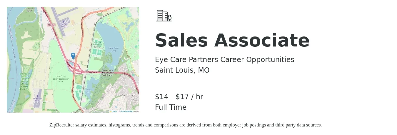 Eye Care Partners Career Opportunities job posting for a Sales Associate in Saint Louis, MO with a salary of $15 to $18 Hourly with a map of Saint Louis location.
