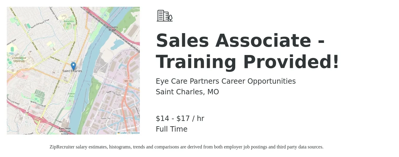 Eye Care Partners Career Opportunities job posting for a Sales Associate - Training Provided! in Saint Charles, MO with a salary of $15 to $18 Hourly with a map of Saint Charles location.