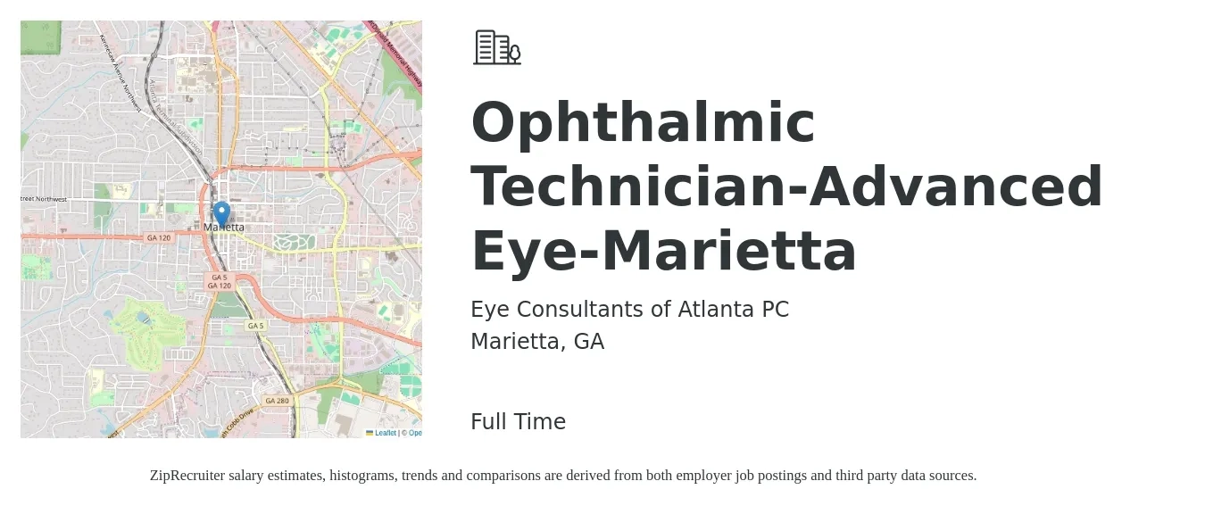 Eye Consultants of Atlanta PC job posting for a Ophthalmic Technician-Advanced Eye-Marietta in Marietta, GA with a salary of $17 to $23 Hourly with a map of Marietta location.