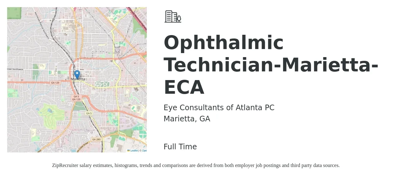 Eye Consultants of Atlanta PC job posting for a Ophthalmic Technician-Marietta-ECA in Marietta, GA with a salary of $17 to $23 Hourly with a map of Marietta location.