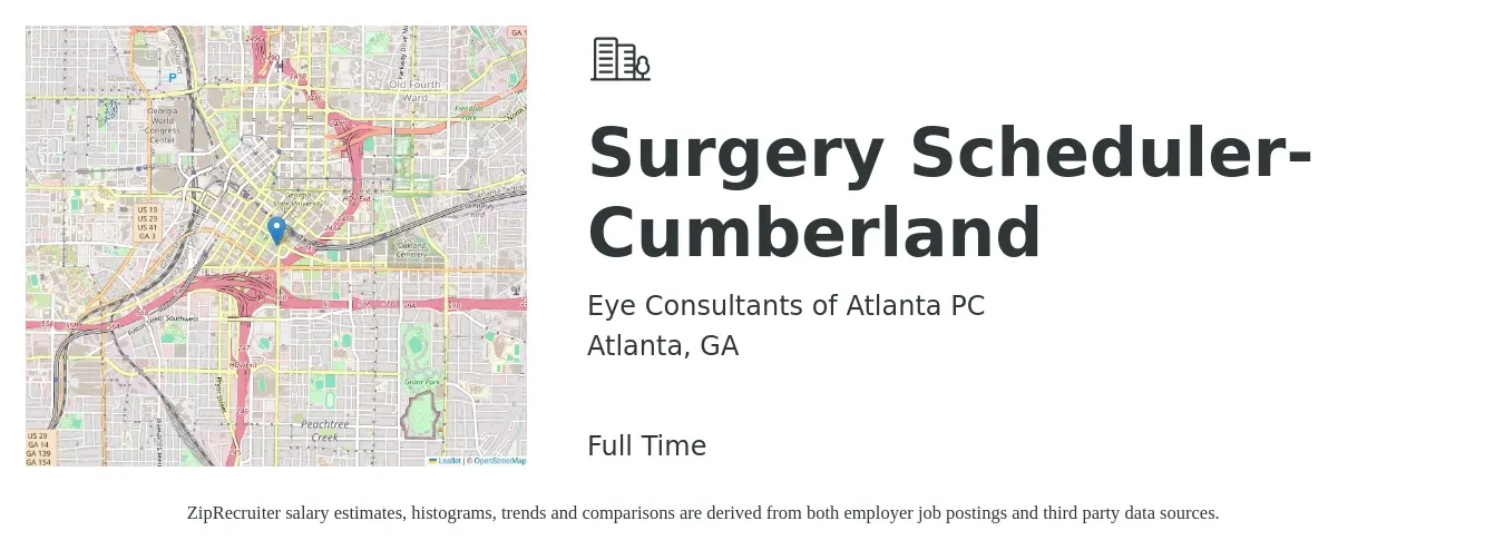 Eye Consultants of Atlanta PC job posting for a Surgery Scheduler-Cumberland in Atlanta, GA with a salary of $18 to $23 Hourly with a map of Atlanta location.