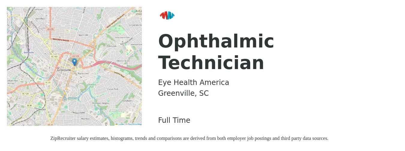 Eye Health America job posting for a Ophthalmic Technician in Greenville, SC with a salary of $17 to $23 Hourly with a map of Greenville location.