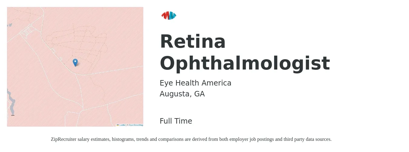 Eye Health America job posting for a Retina Ophthalmologist in Augusta, GA with a salary of $206,200 to $269,300 Yearly with a map of Augusta location.