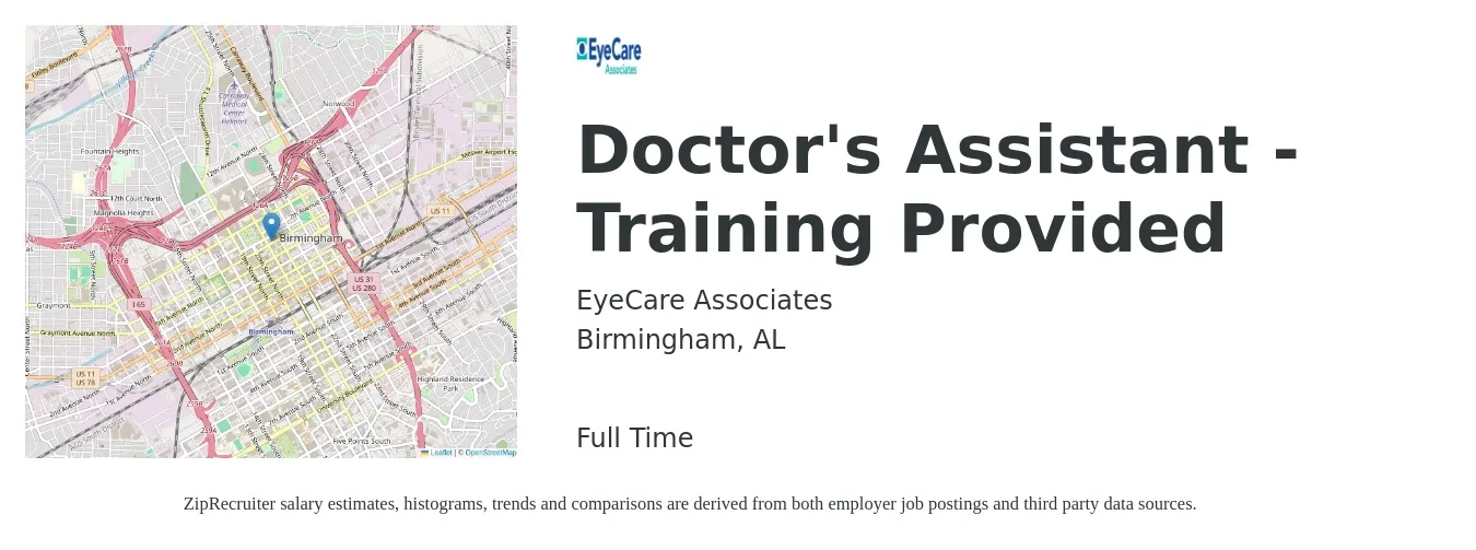 EyeCare Associates job posting for a Doctor's Assistant - Training Provided in Birmingham, AL with a map of Birmingham location.