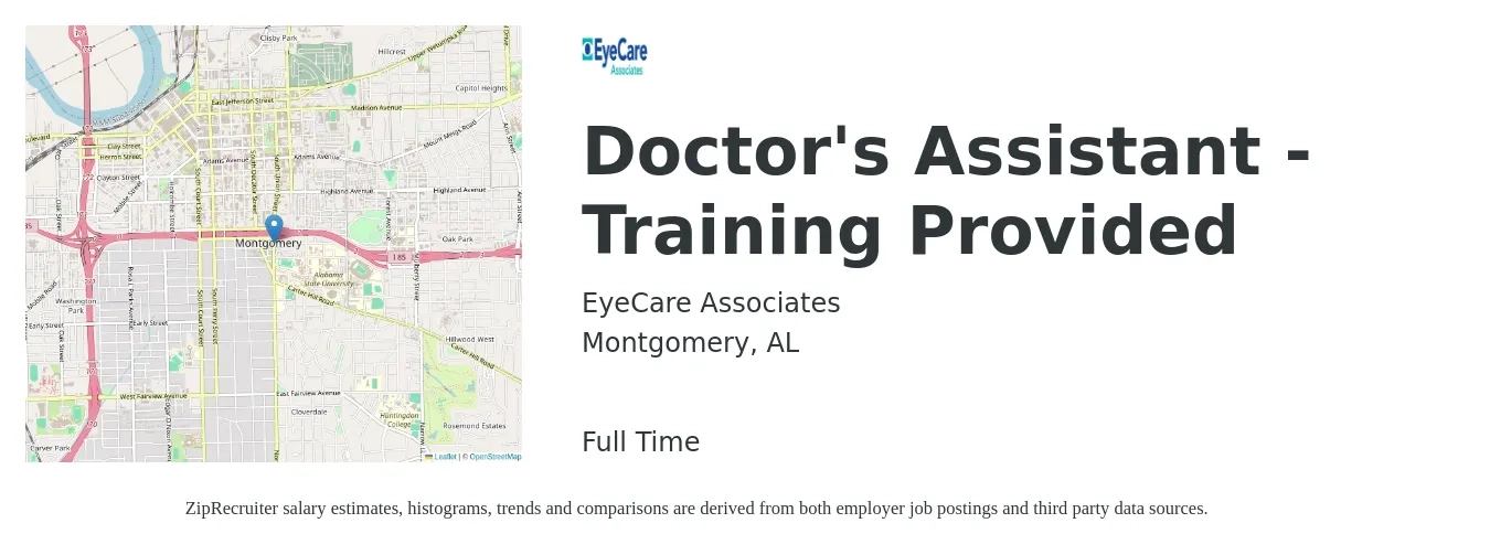 EyeCare Associates job posting for a Doctor's Assistant - Training Provided in Montgomery, AL with a map of Montgomery location.