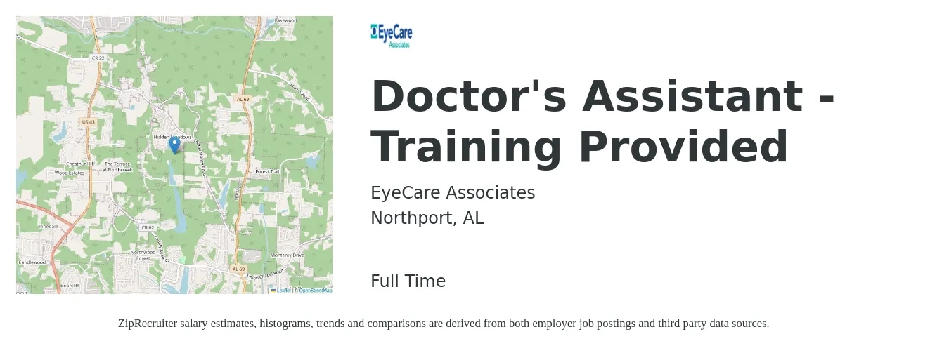 EyeCare Associates job posting for a Doctor's Assistant - Training Provided in Northport, AL with a map of Northport location.