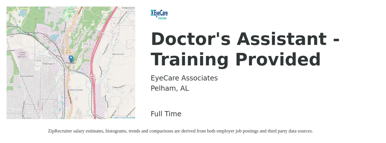 EyeCare Associates job posting for a Doctor's Assistant - Training Provided in Pelham, AL with a map of Pelham location.