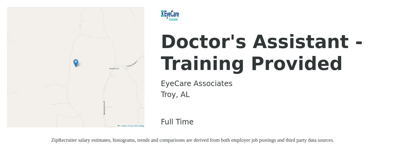 EyeCare Associates job posting for a Doctor's Assistant - Training Provided in Troy, AL with a map of Troy location.