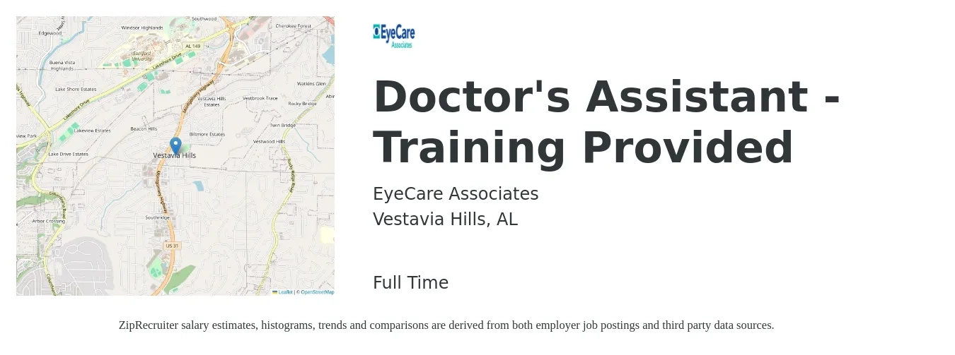 EyeCare Associates job posting for a Doctor's Assistant - Training Provided in Vestavia Hills, AL with a map of Vestavia Hills location.