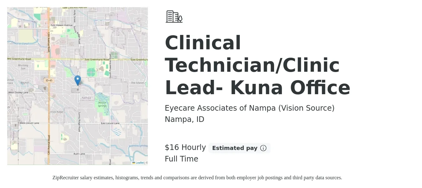 Eyecare Associates of Nampa (Vision Source) job posting for a Clinical Technician/Clinic Lead- Kuna Office in Nampa, ID with a salary of $17 Hourly with a map of Nampa location.